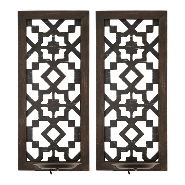 Set of Two Black Distressed Ornate Manufactured Wood And Metal Wall Sconce Candle Holders