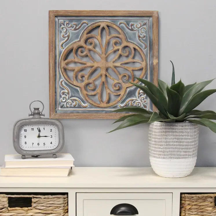 Distressed Blue Enamel Metal And Wood Framed Wall Art