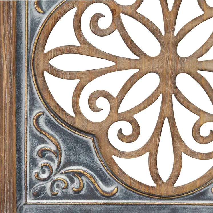 Distressed Blue Enamel Metal And Wood Framed Wall Art
