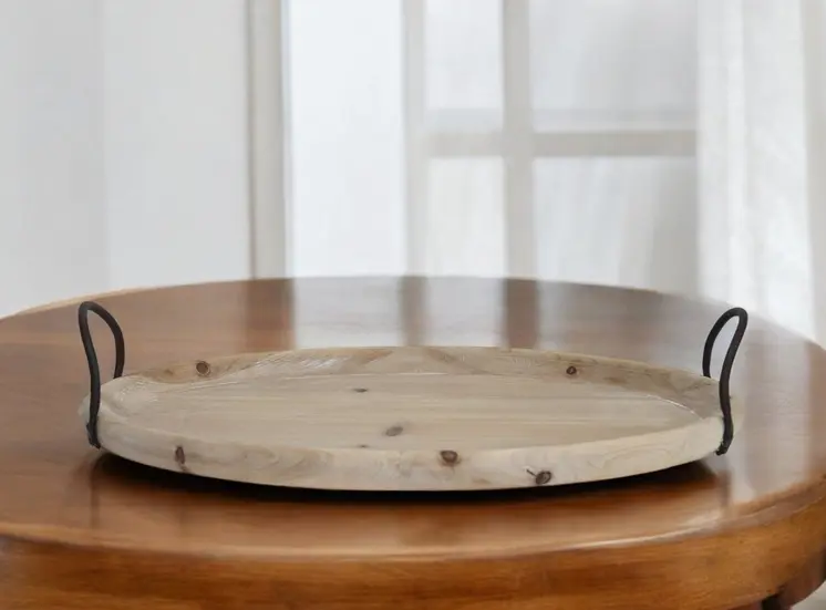 18" Natural Oval Wood Indoor Outdoor Lazy Susan With Handles