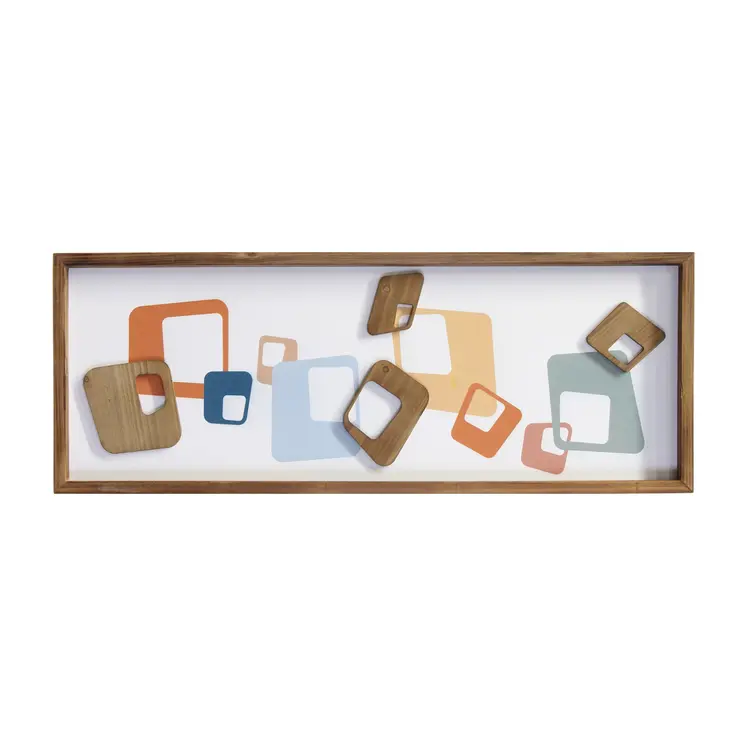 12" X 32" Blue Brown and Orange Abstract Geometric Wood Wall Decor