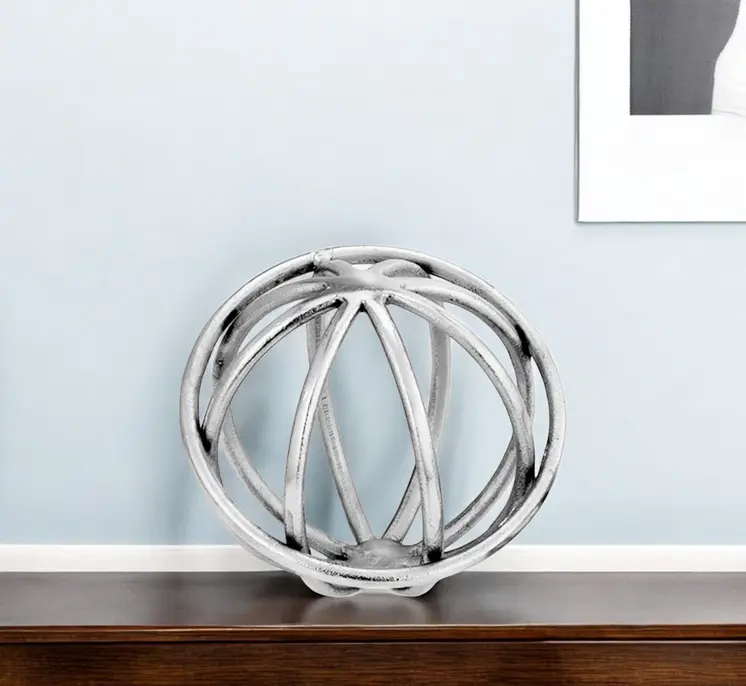 7" Silver Cast Iron Decorative Orb Tabletop Sculpture