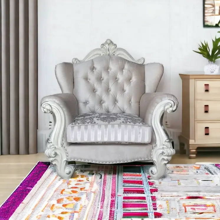 44" Ivory and Antiqued White Fabric Damask Tufted Chair and a Half And Toss Pillows
