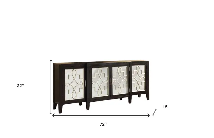 72" Black And Silver Mirrored Solid Wood Distressed Solid Console Table