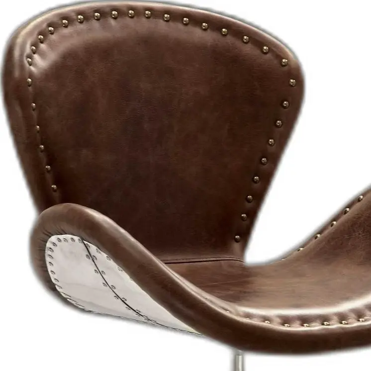 25" Brown and Silver Faux Leather Distressed Swivel Arm Chair