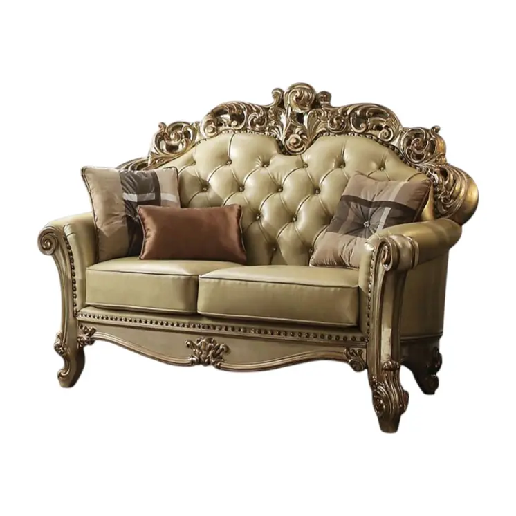 70" Bone And Gold Faux Leather Curved Loveseat