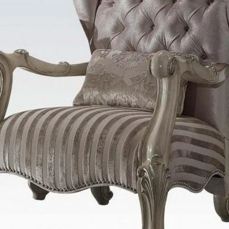 33" Ivory and Pearl Velvet Striped Tufted Wingback Chair And Toss Pillow