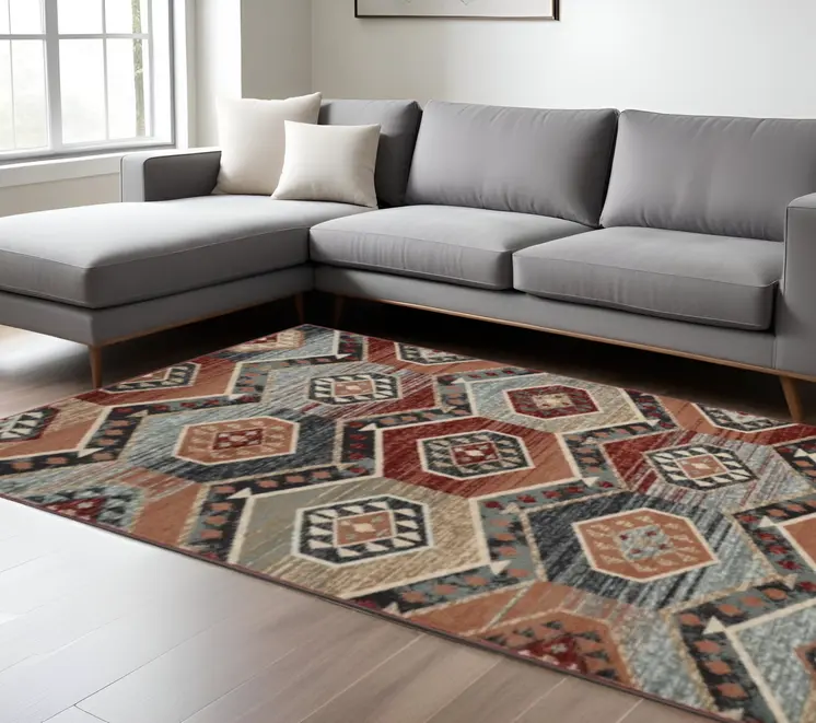 9' X 12' Red Gray And Orange Geometric Area Rug