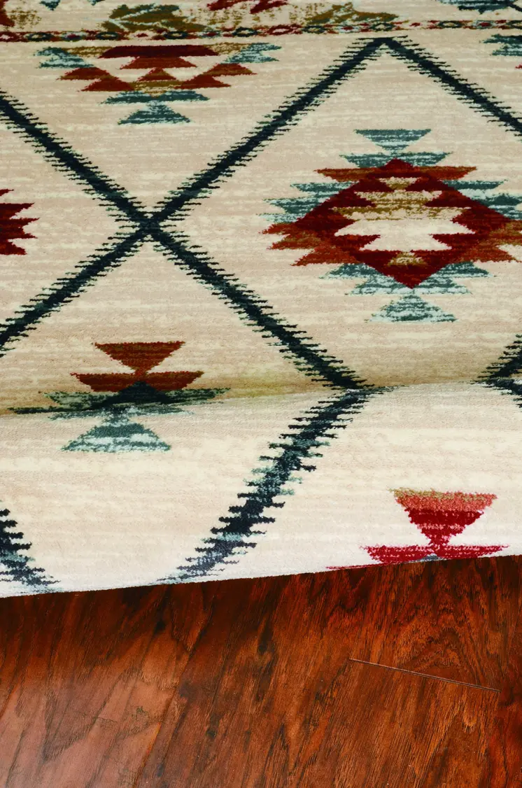 5' X 8' Ivory Blue And Red Geometric Area Rug