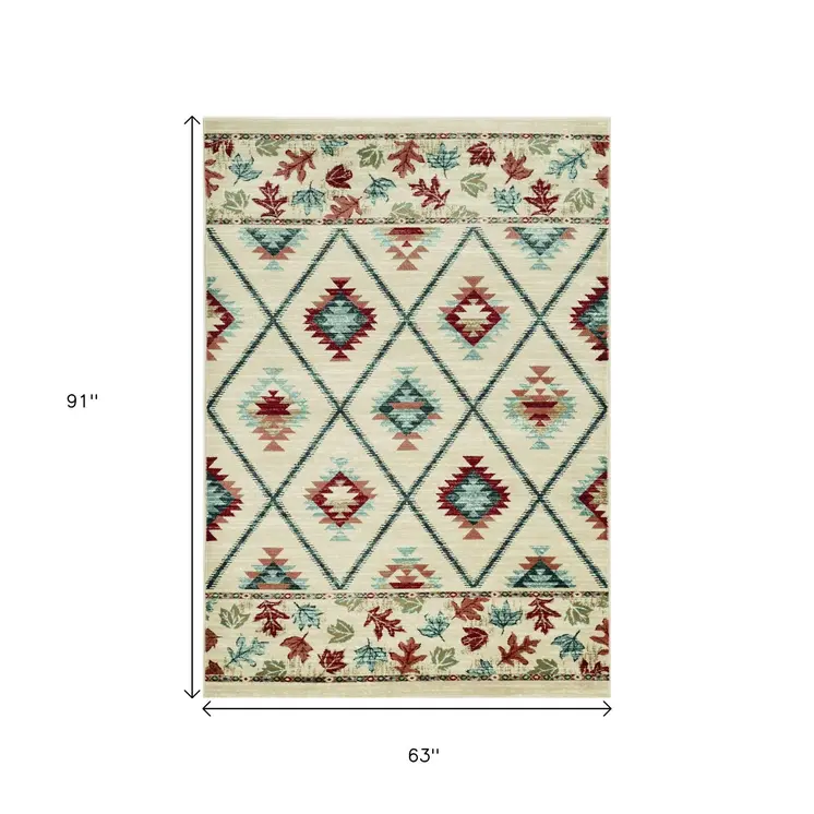 5' X 8' Ivory Blue And Red Geometric Area Rug