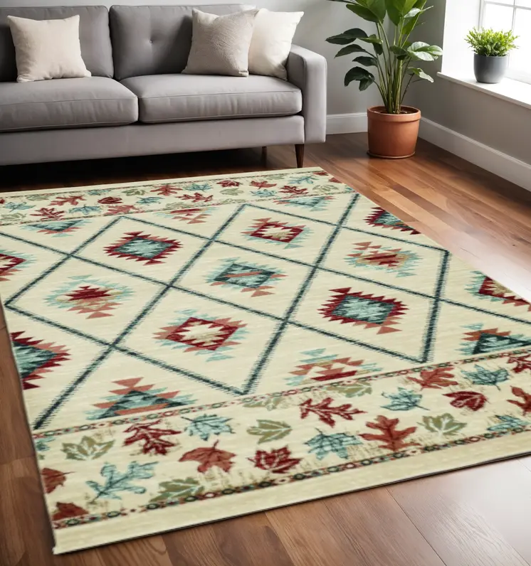 5' X 8' Ivory Blue And Red Geometric Area Rug