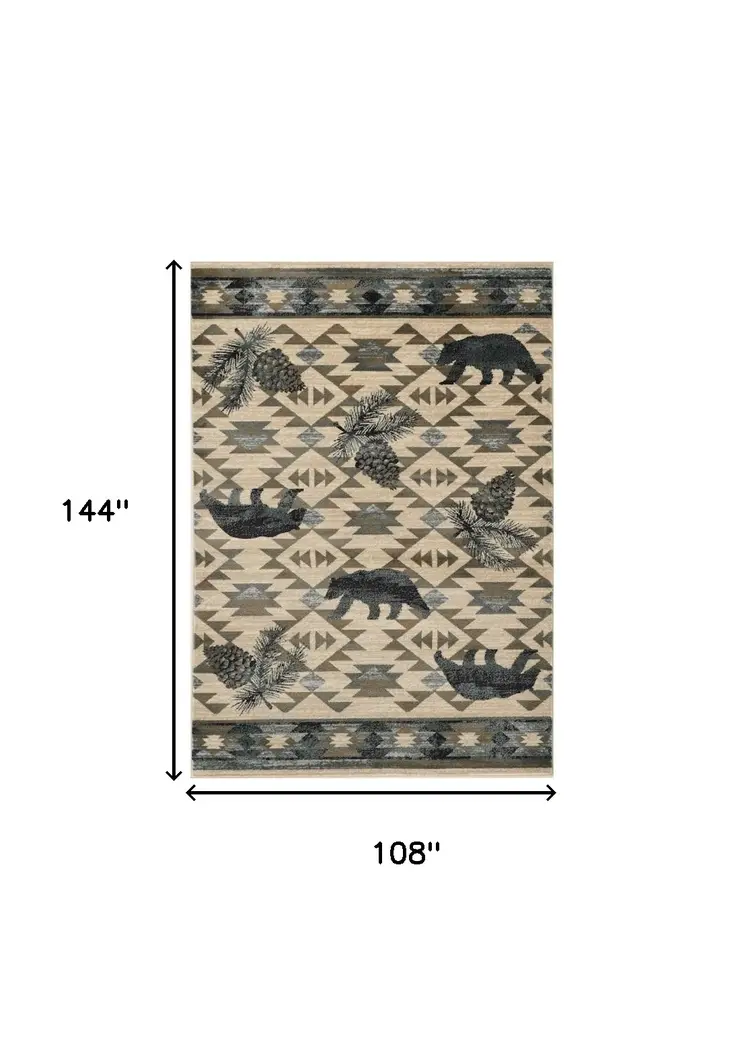9' X 12' Ivory Blue And Green Woodland Lodge Area Rug