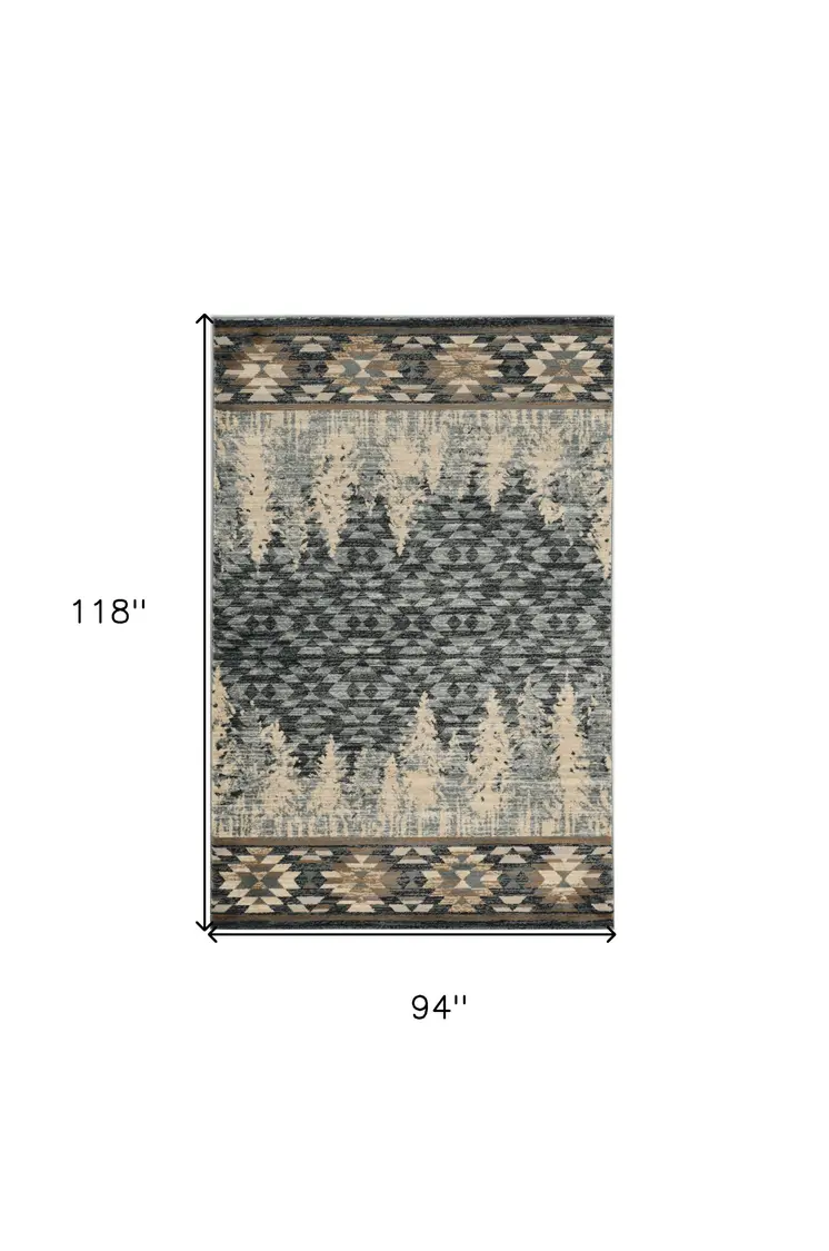 8' X 10' Slate Blue Charcoal And Beige Woodland Lodge Area Rug