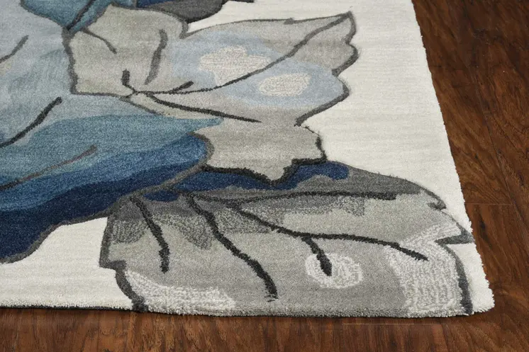 8' Ivory And Blue Botanical Leaves Hand Tufted Runner Rug