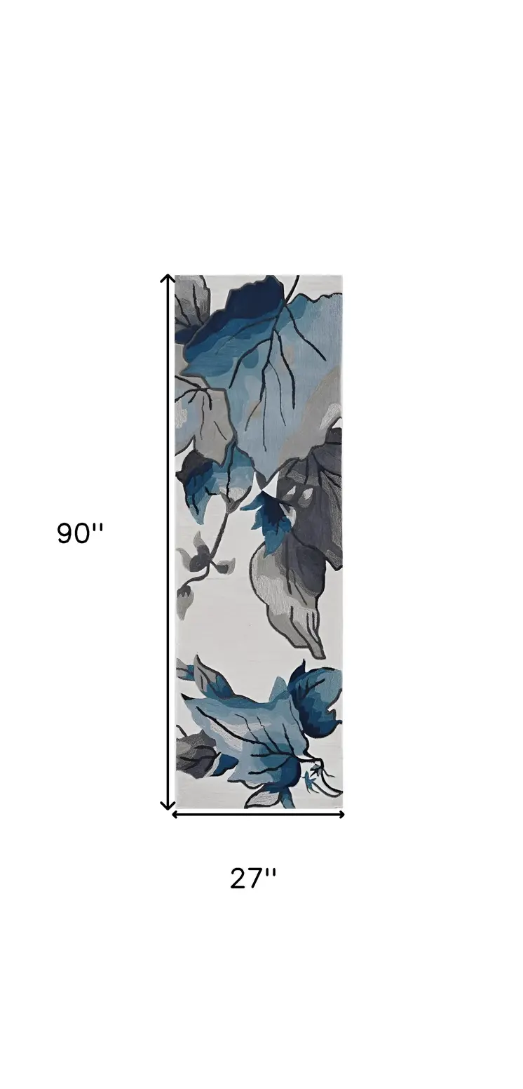 8' Ivory And Blue Botanical Leaves Hand Tufted Runner Rug
