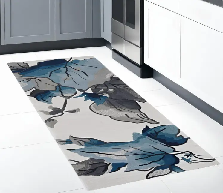 8' Ivory And Blue Botanical Leaves Hand Tufted Runner Rug