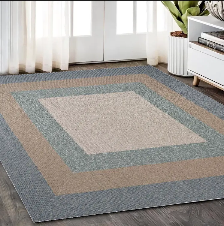 5' X 8' Tan Ivory and Blue Geometric Hand Tufted Area Rug