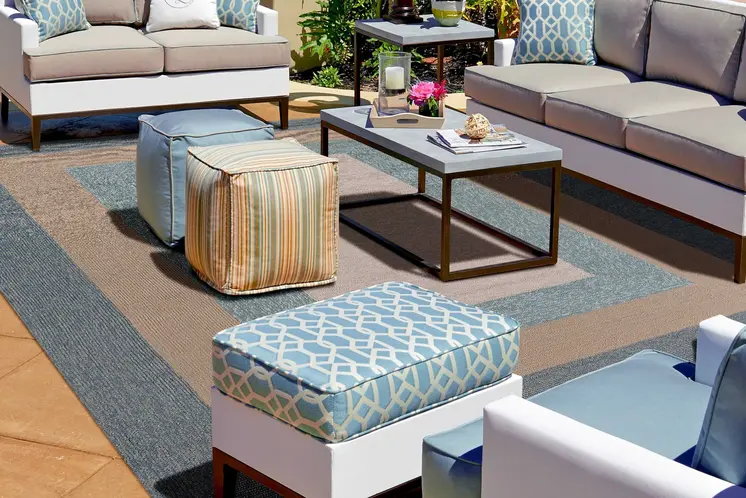 5' X 8' Tan Ivory and Blue Geometric Hand Tufted Area Rug