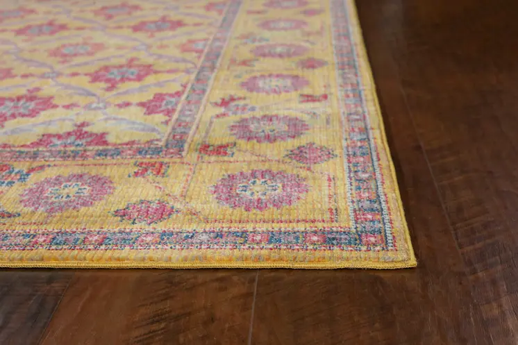 8' Gold And Red Floral Runner Rug