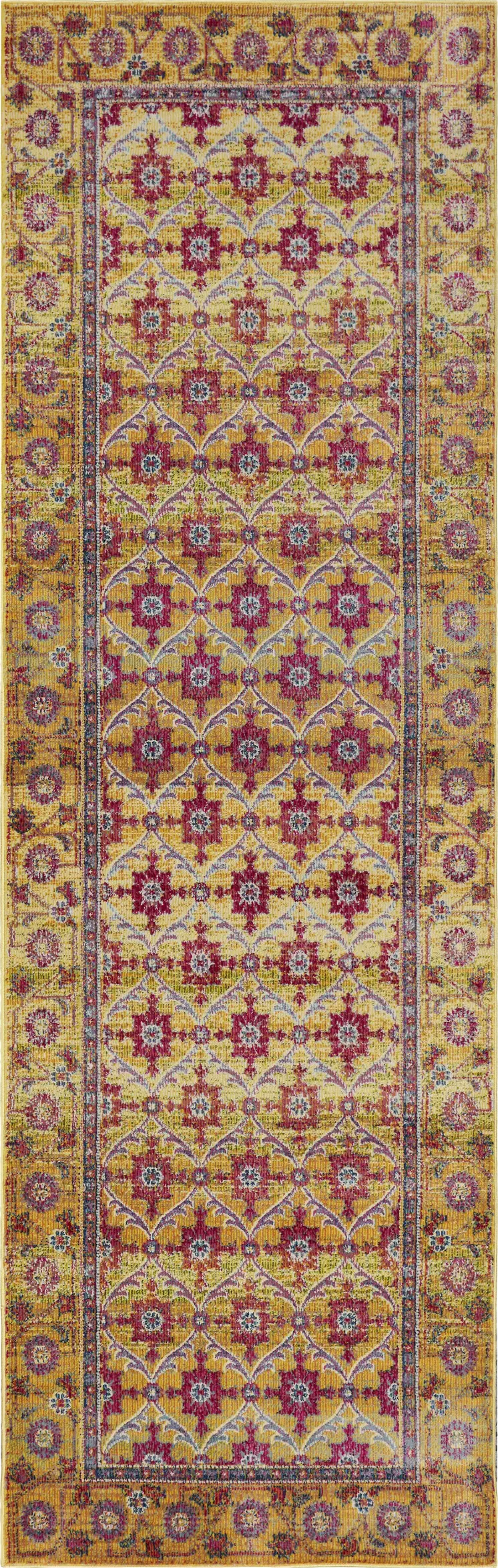 8' Gold And Red Floral Runner Rug