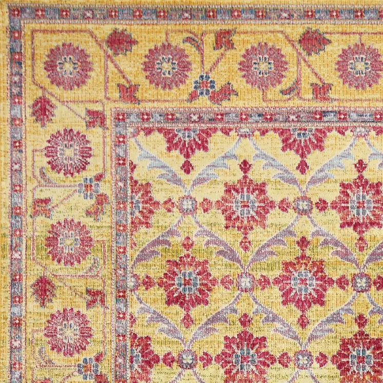 8' Gold And Red Floral Runner Rug