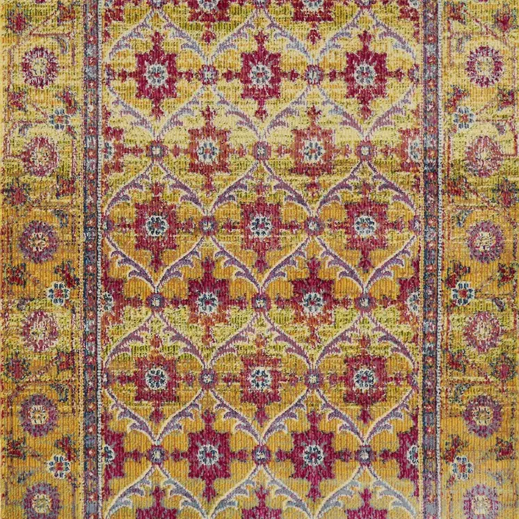 8' Gold And Red Floral Runner Rug