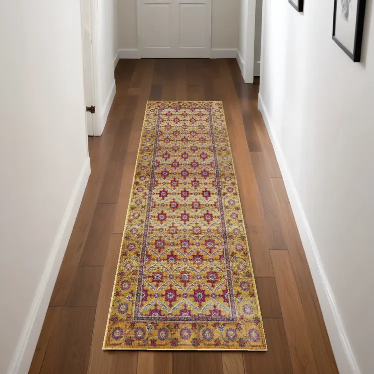 8' Gold And Red Floral Runner Rug