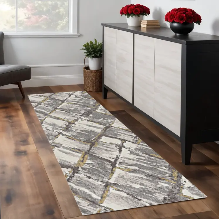8' Gray And Ivory Geometric Runner Rug