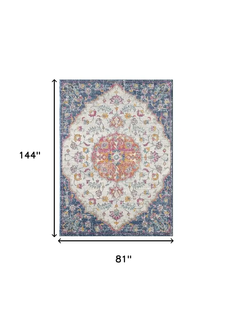 7' X 12' Navy and Ivory Floral Medallion Area Rug