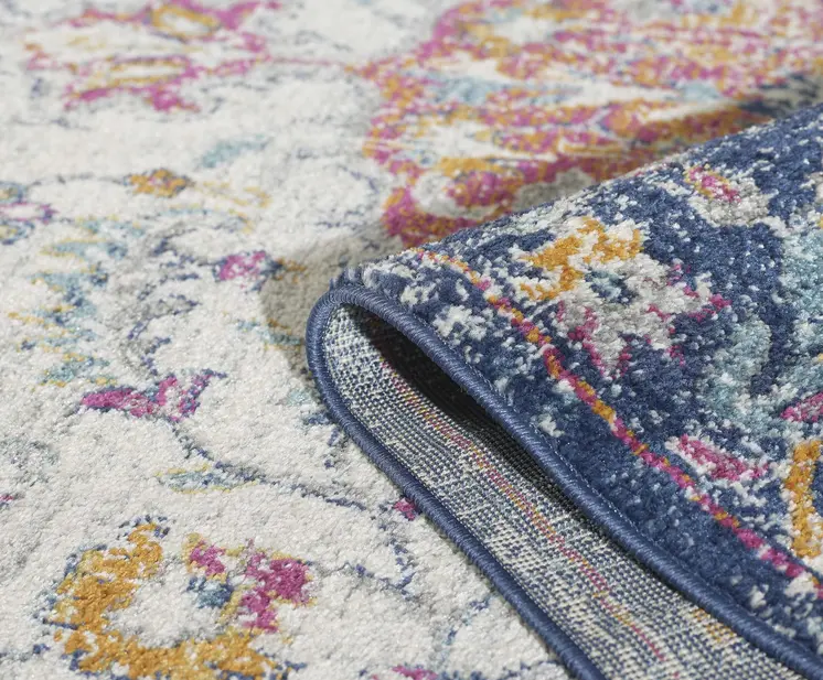 7' X 12' Navy and Ivory Floral Medallion Area Rug