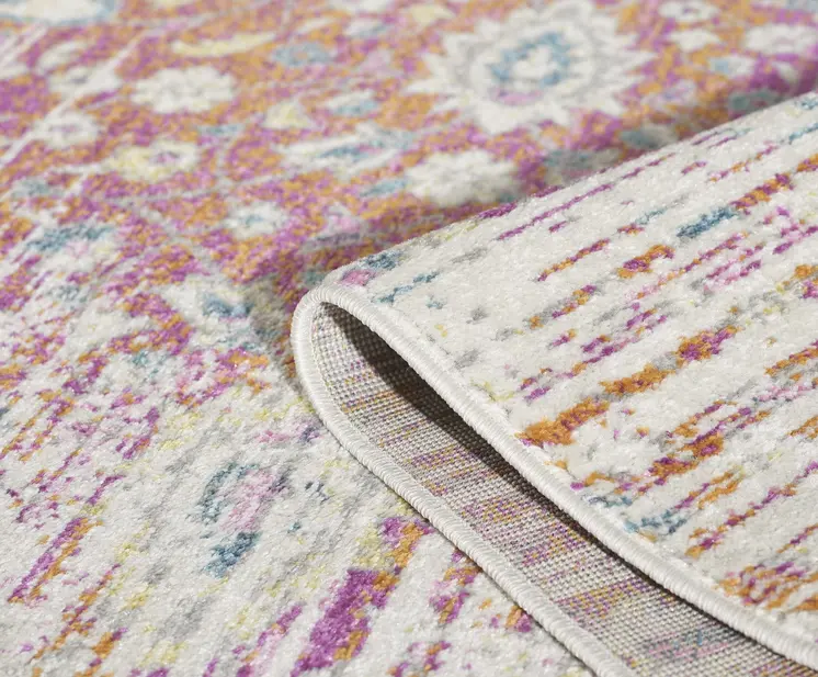 7' Ivory Pink And Orange Floral Runner Rug
