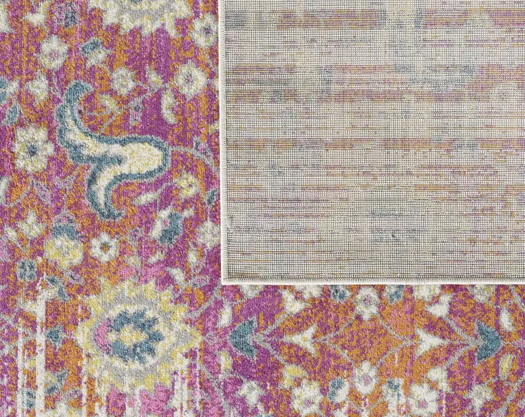 7' Ivory Pink And Orange Floral Runner Rug