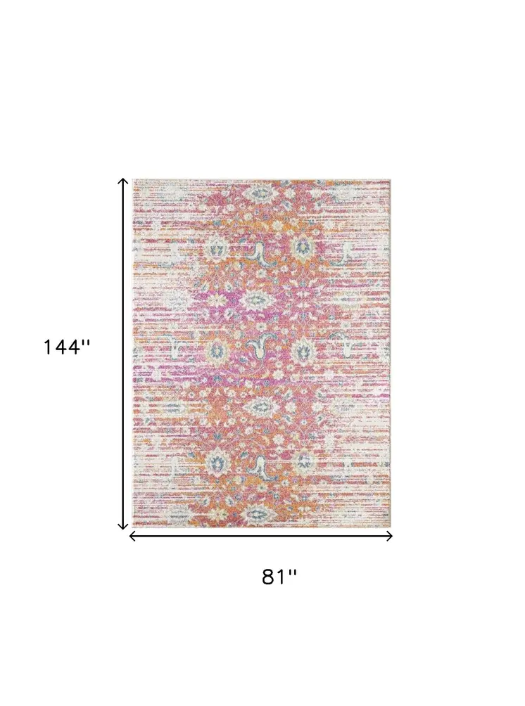 7' X 12' Ivory Pink and Orange Floral Area Rug