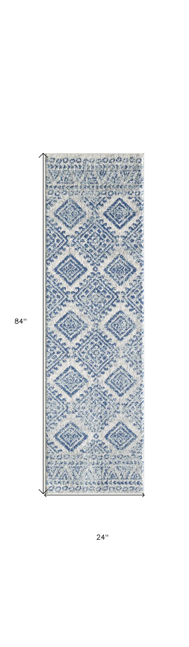 7' Ivory And Blue Geometric Runner Rug