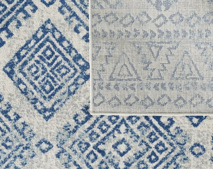 7' Ivory And Blue Geometric Runner Rug