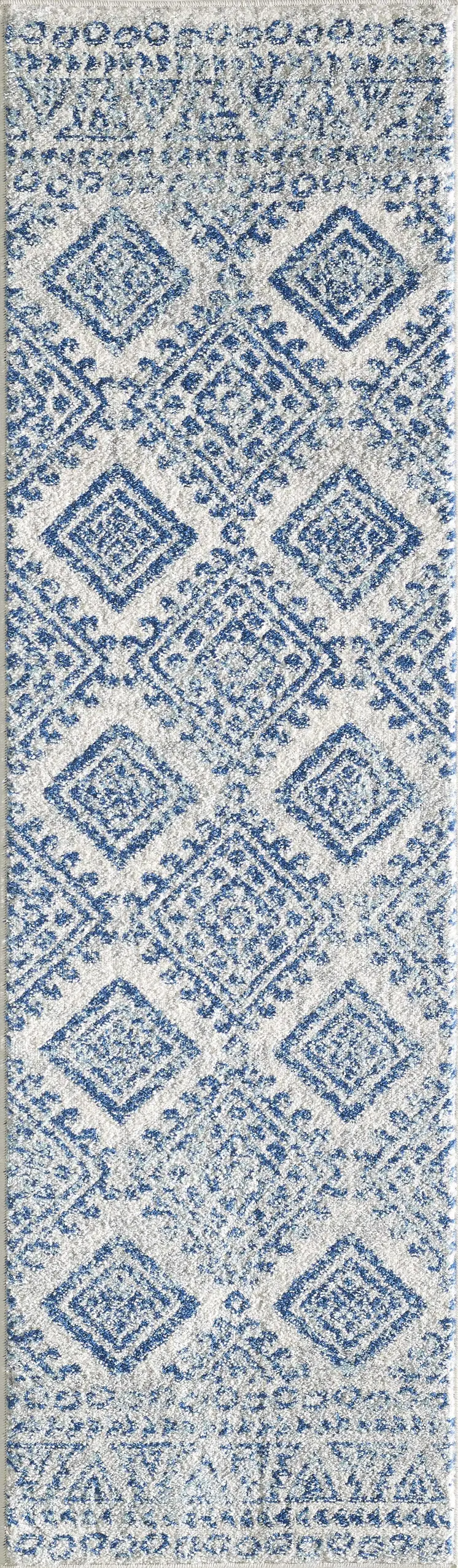 7' Ivory And Blue Geometric Runner Rug