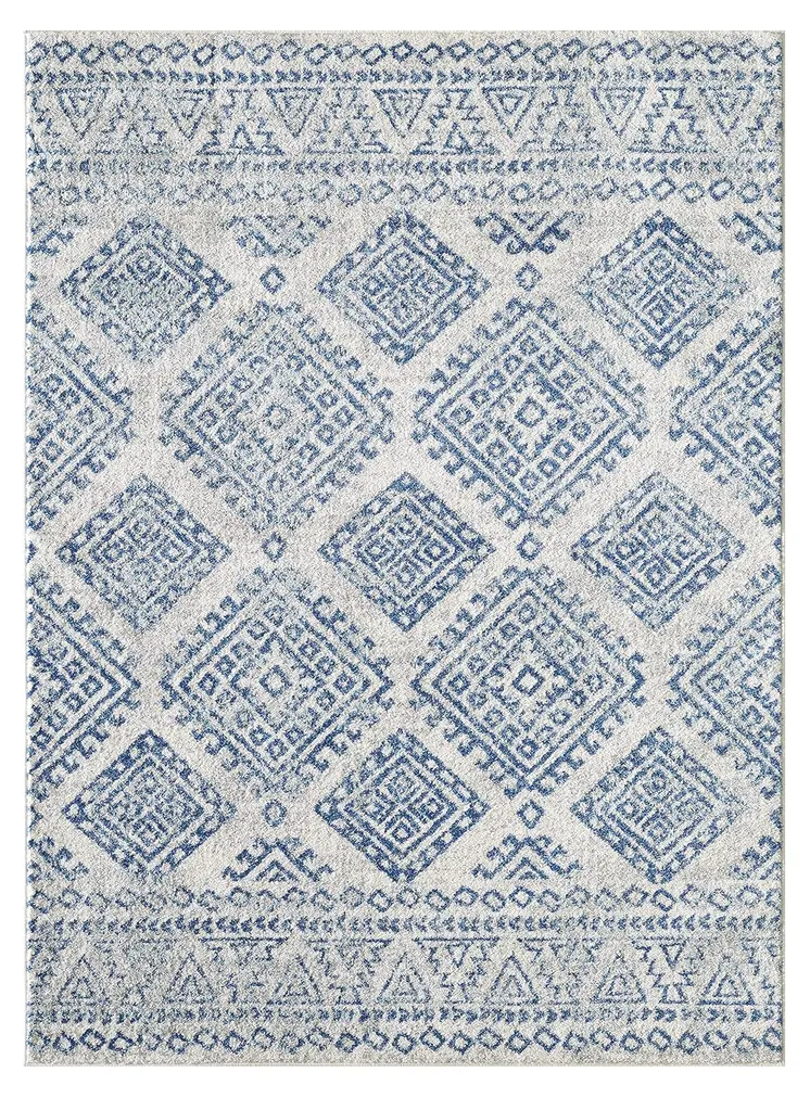 7' X 12' Ivory and Blue Geometric Area Rug