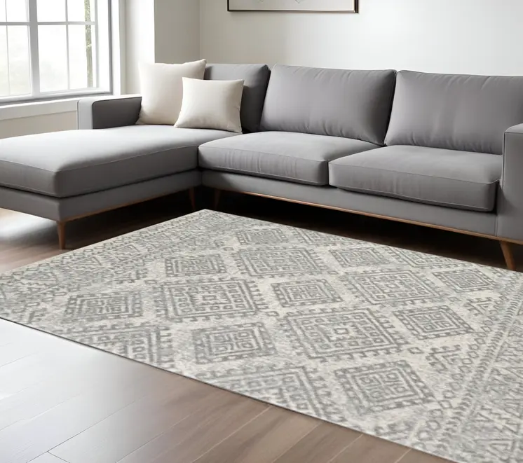 7' X 12' Gray and Ivory Geometric Area Rug