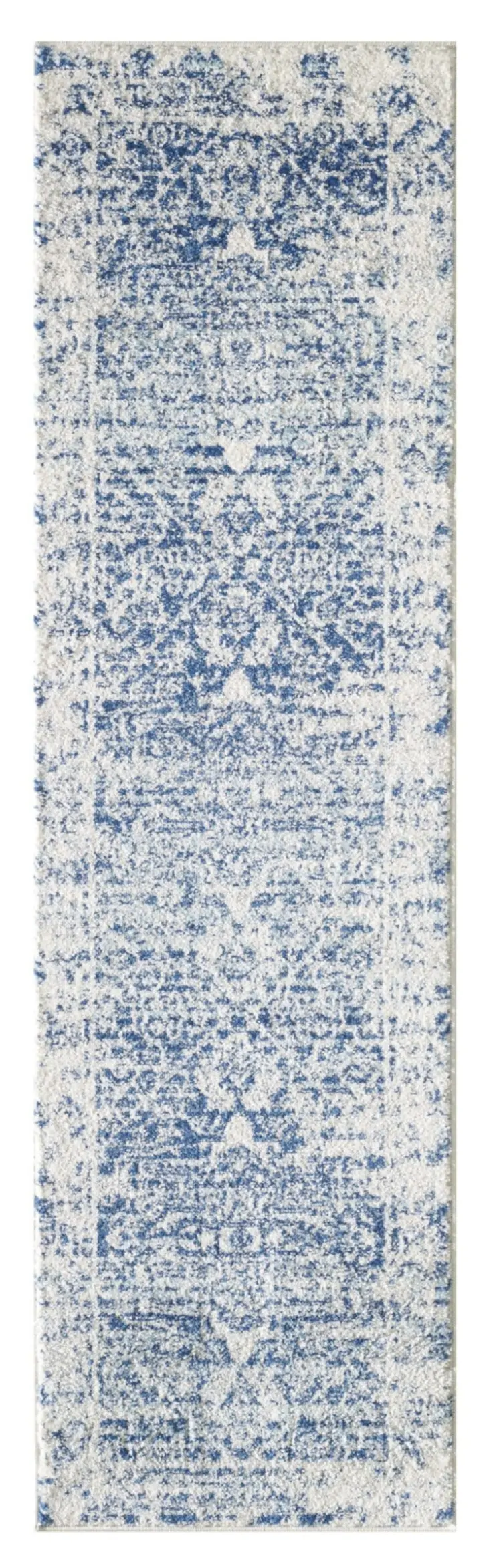 7' Ivory Blue Machine Woven Distressed Medallion Indoor Runner Rug