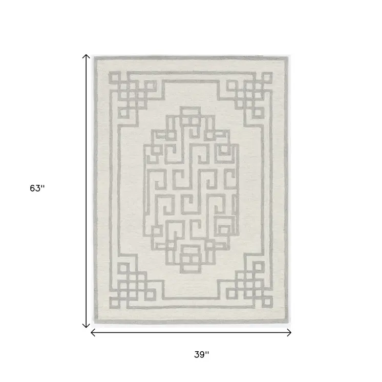 3' X 5' Ivory Grey Geometric Bordered Wool Area Rug