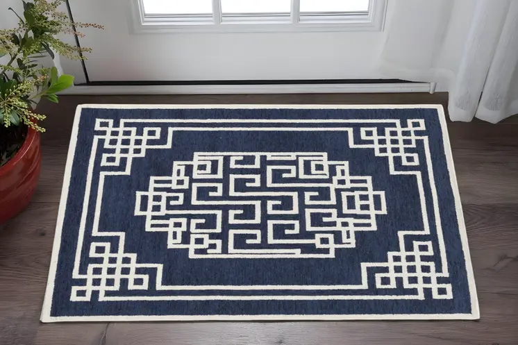 3' X 5' Navy Blue And Ivory Wool Abstract Geometric Hand Tufted Area Rug