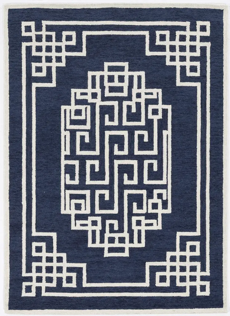 3' X 5' Navy Blue And Ivory Wool Abstract Geometric Hand Tufted Area Rug
