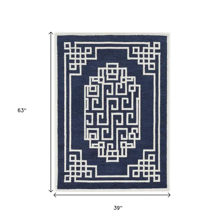 3' X 5' Navy Blue And Ivory Wool Abstract Geometric Hand Tufted Area Rug