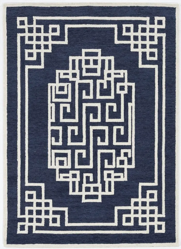 5' X 7' Navy Blue And Ivory Wool Abstract Geometric Hand Tufted Area Rug