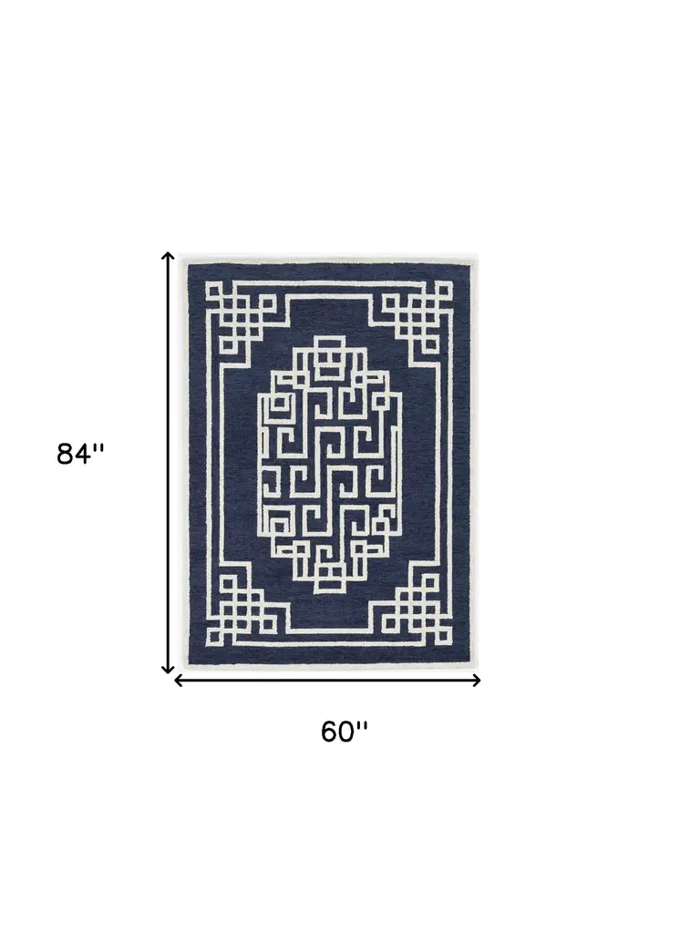 5' X 7' Navy Blue And Ivory Wool Abstract Geometric Hand Tufted Area Rug