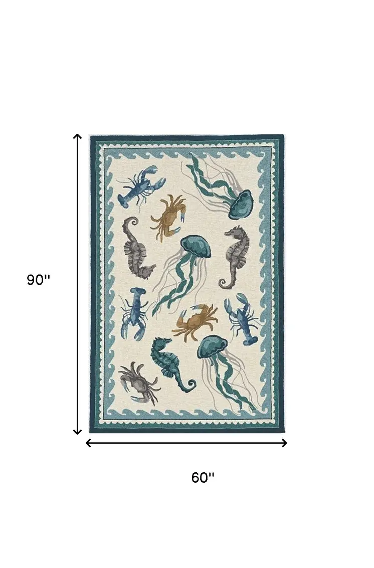 5' X 8' Teal Blue Round Abstract Indoor Outdoor Area Rug