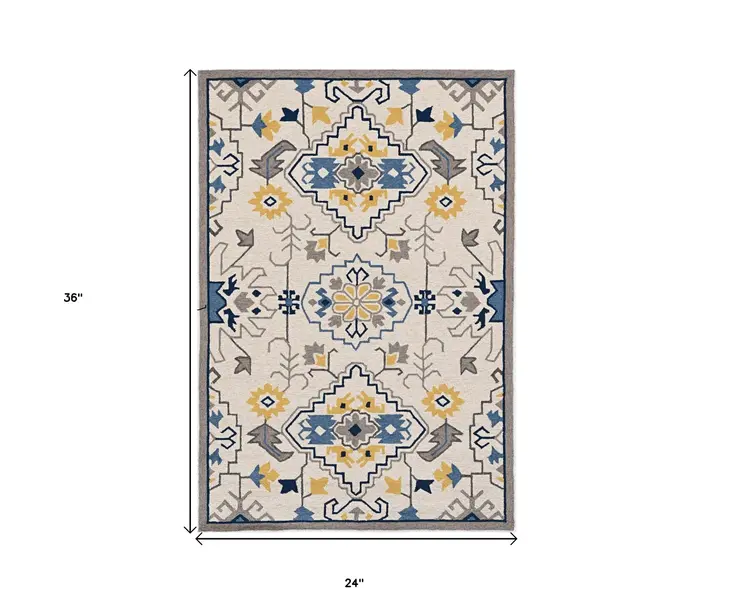 2' X 3' Ivory Southwestern Hand Tufted Area Rug