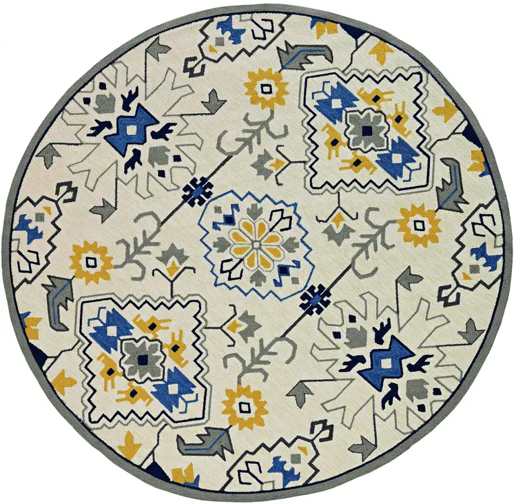 8' Ivory Round Abstract Indoor Outdoor Area Rug
