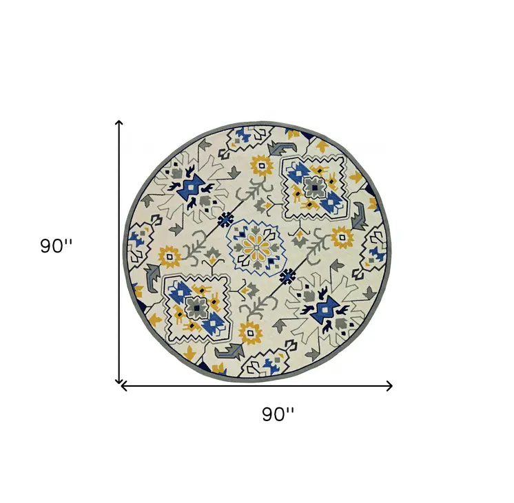 8' Ivory Round Abstract Indoor Outdoor Area Rug