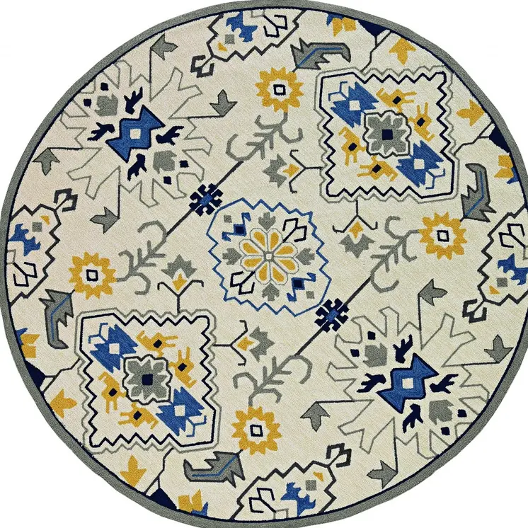 8' Ivory Round Abstract Indoor Outdoor Area Rug